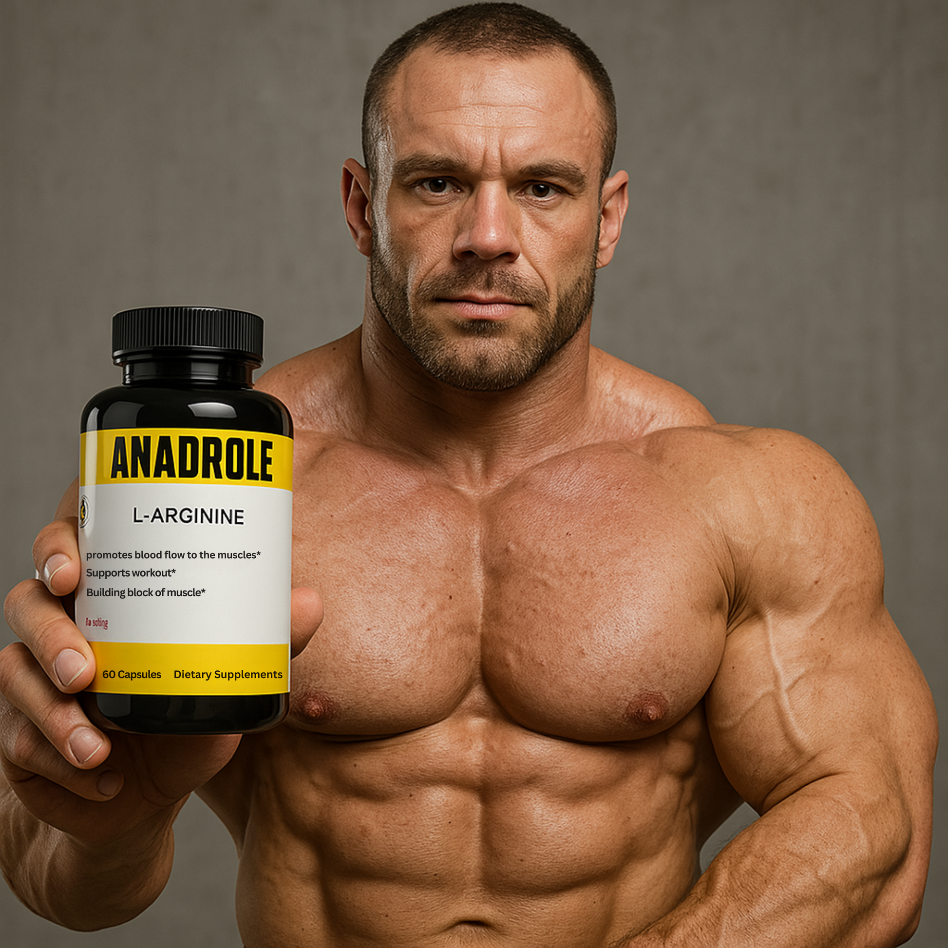 Shirtless bodybuilder flexing while holding Anadrole by 2020WFG – natural strength and stamina booster for lean muscle gains
