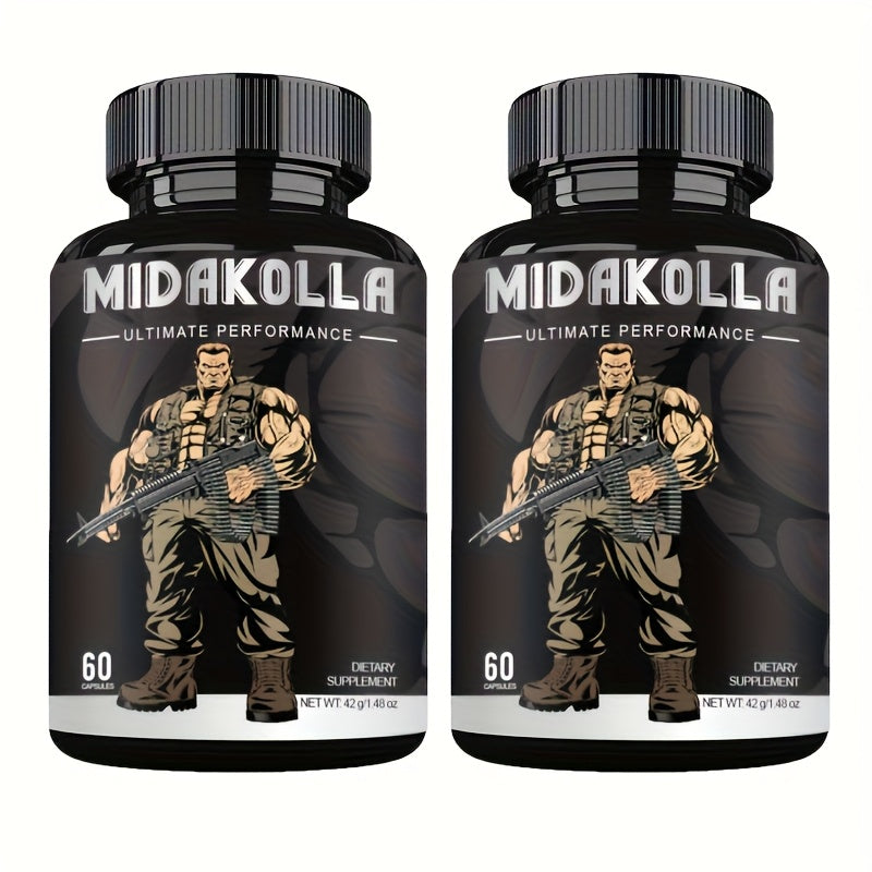 Two bottles of Midakolla Ultimate Performance dietary supplements on a white background