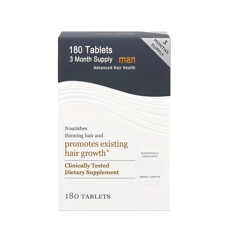 Box of 'man' hair health supplement with text on a white background
