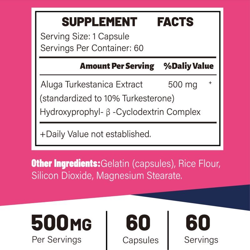 Supplement label with facts and ingredients on a pink and white background