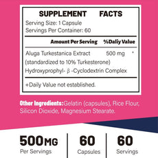 Supplement label with facts and ingredients on a pink and white background