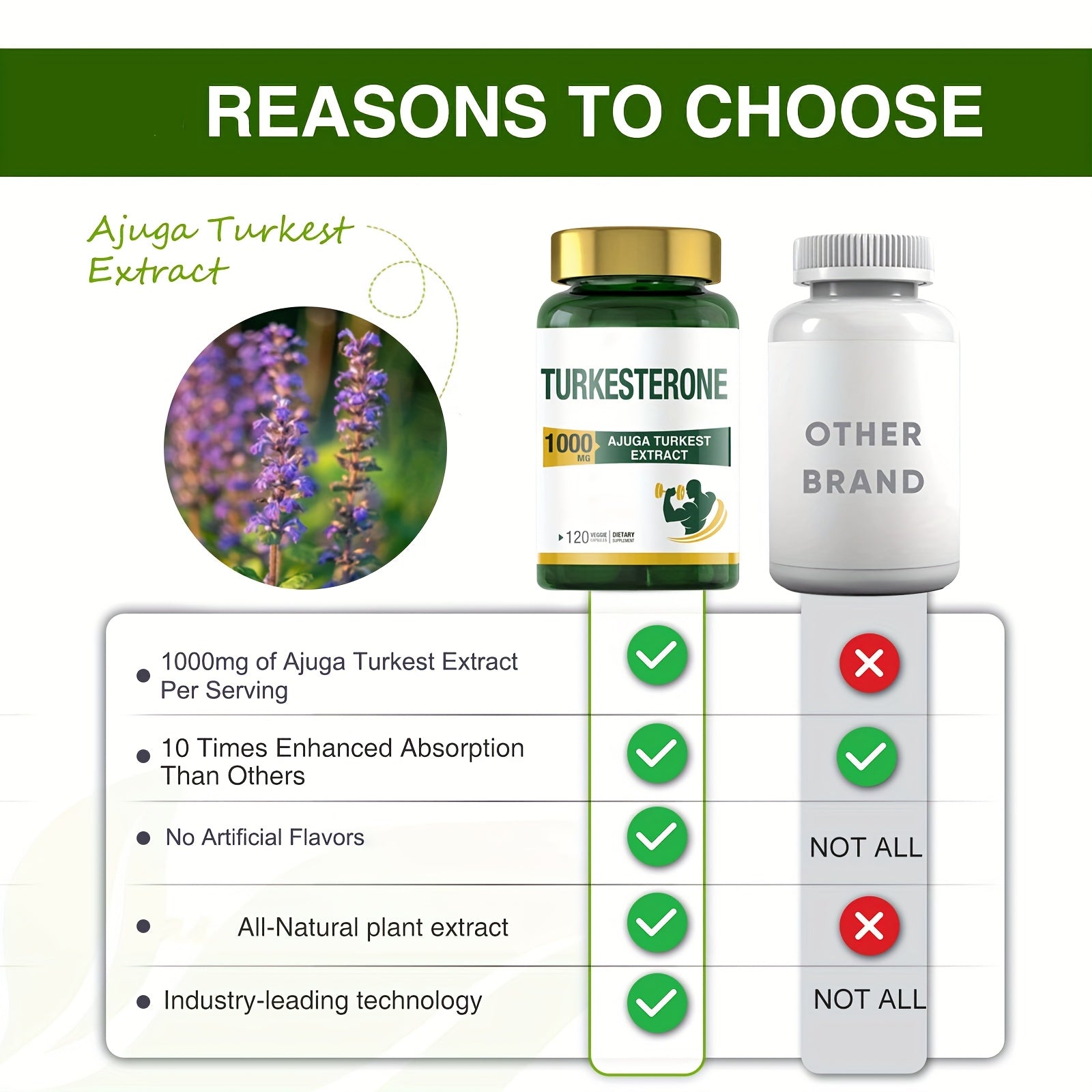 Comparison chart of Turkesterone Ajuga Turkestr Extract supplement with other brand, highlighting benefits.