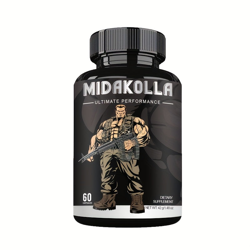 Supplement bottle labeled 'Midakolla' with a graphic of a muscular figure on a white background