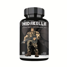 Supplement bottle labeled 'Midakolla' with a graphic of a muscular figure on a white background