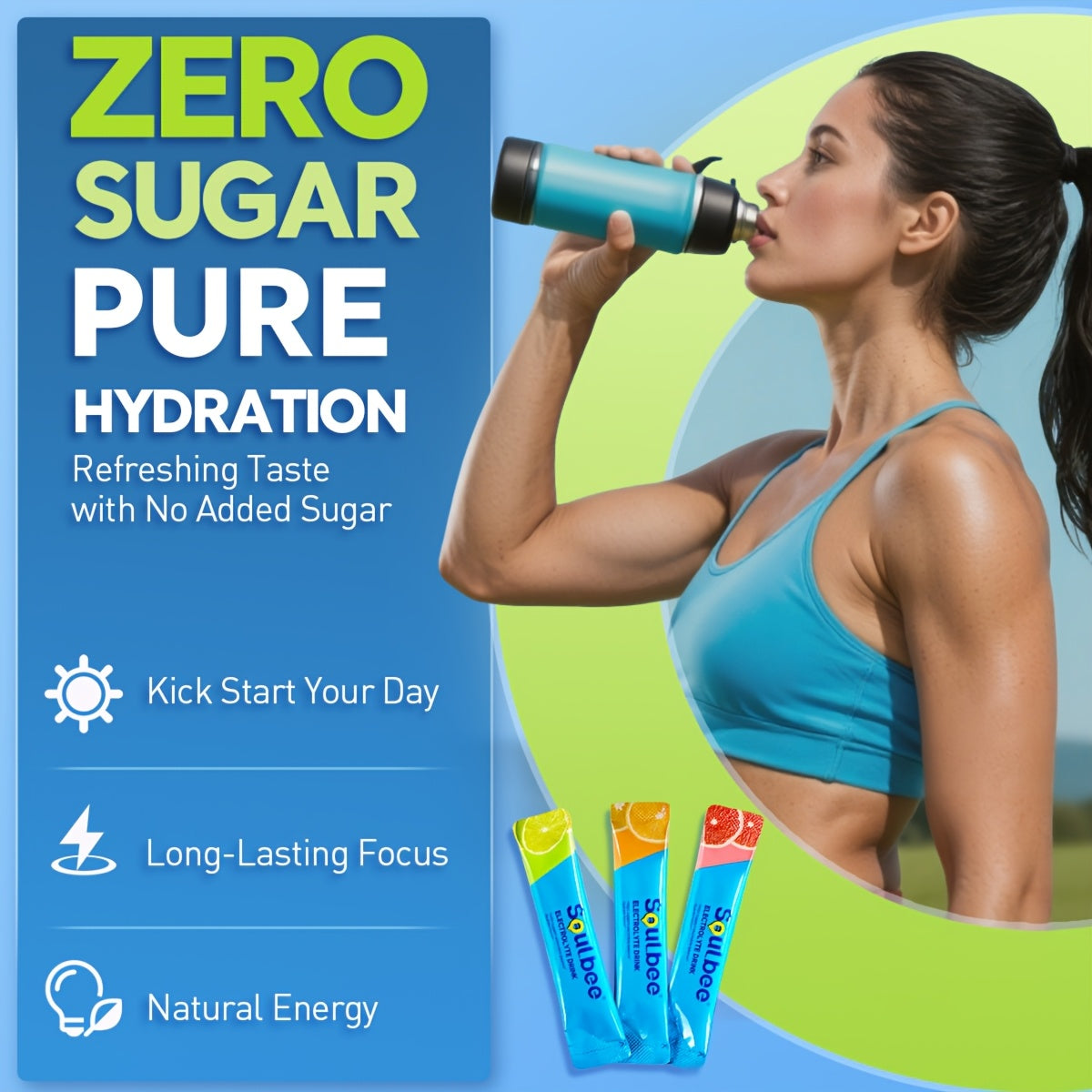 Woman drinking from a water bottle with 'Zero Sugar Pure Hydration' text and product packaging.
