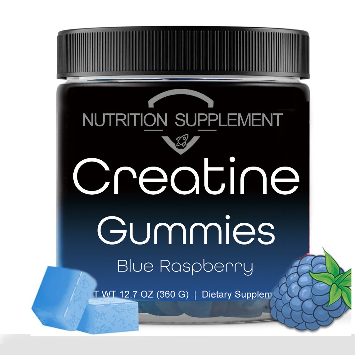 Nutrition supplement Creatine Gummies in blue raspberry flavor with a black container on a white background.