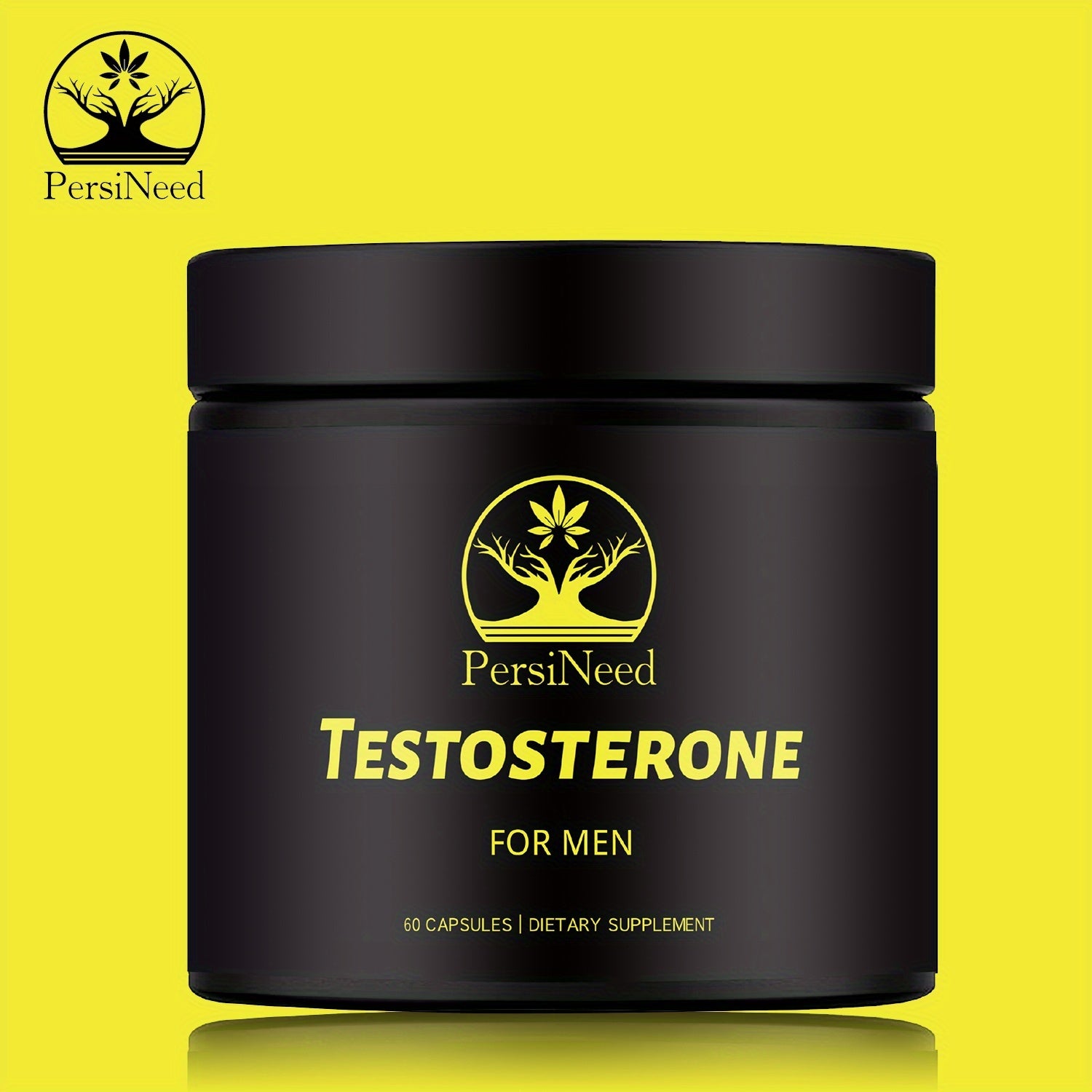Black container labeled 'Testosterone for Men' by PersiNeed on a yellow background