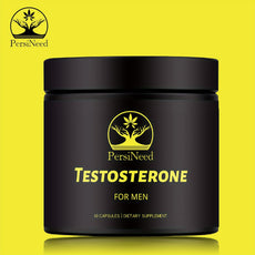 Black container labeled 'Testosterone for Men' by PersiNeed on a yellow background