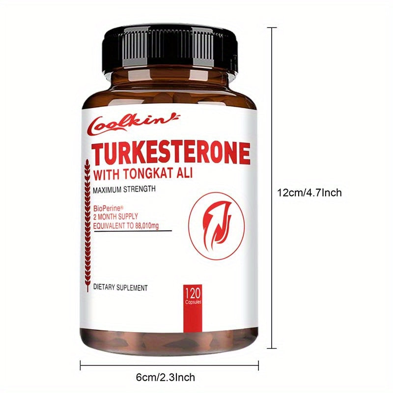 Supplement bottle labeled 'Turkesterone with Tongkat Ali' by Coolkin, showing dimensions on a white background.