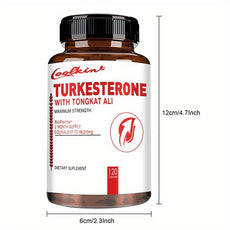 Supplement bottle labeled 'Turkesterone with Tongkat Ali' by Coolkin, showing dimensions on a white background.