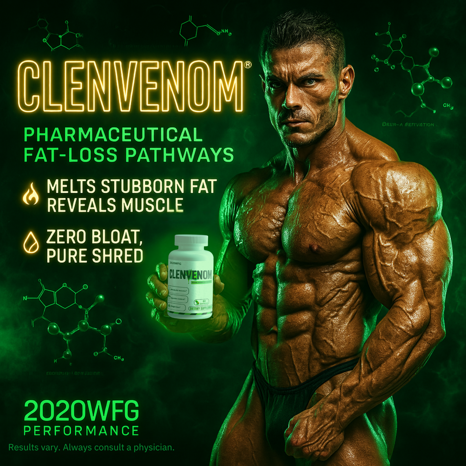 Bodybuilder holding CLENVENOM fat burner – clinically backed formula for rapid weight loss.
