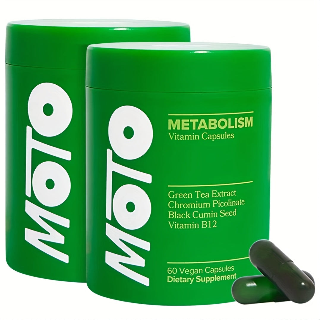 Two green containers labeled 'MOTO' with dietary supplement capsules on a white background