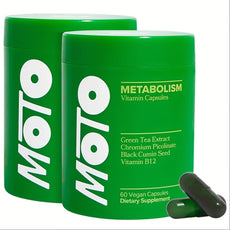 Two green containers labeled 'MOTO' with dietary supplement capsules on a white background