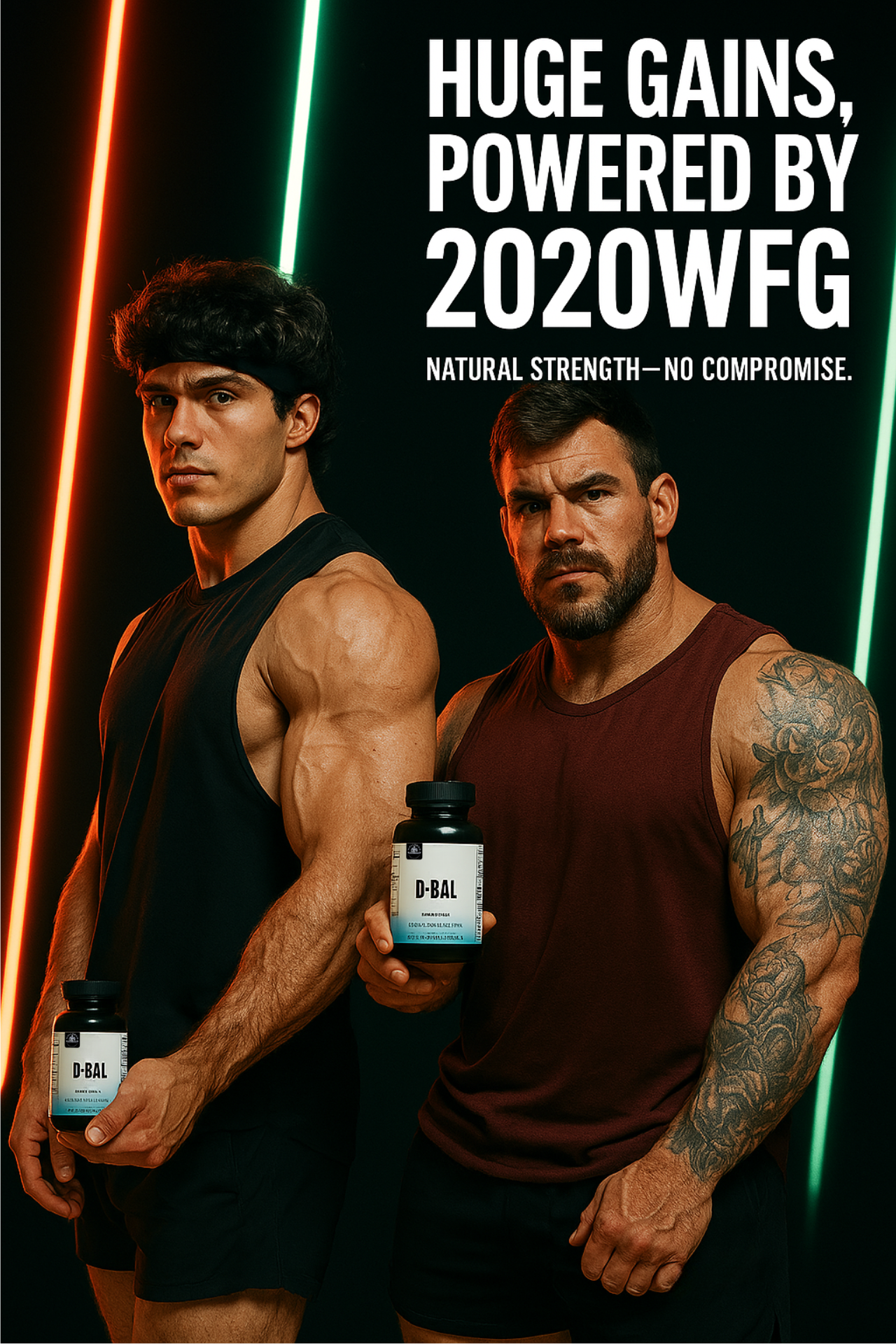 Two muscular athletes showcasing D-BAL from 2020WFG’s Advanced Lean Muscle Building Cycle – Pro Definition Stack for lean mass and strength