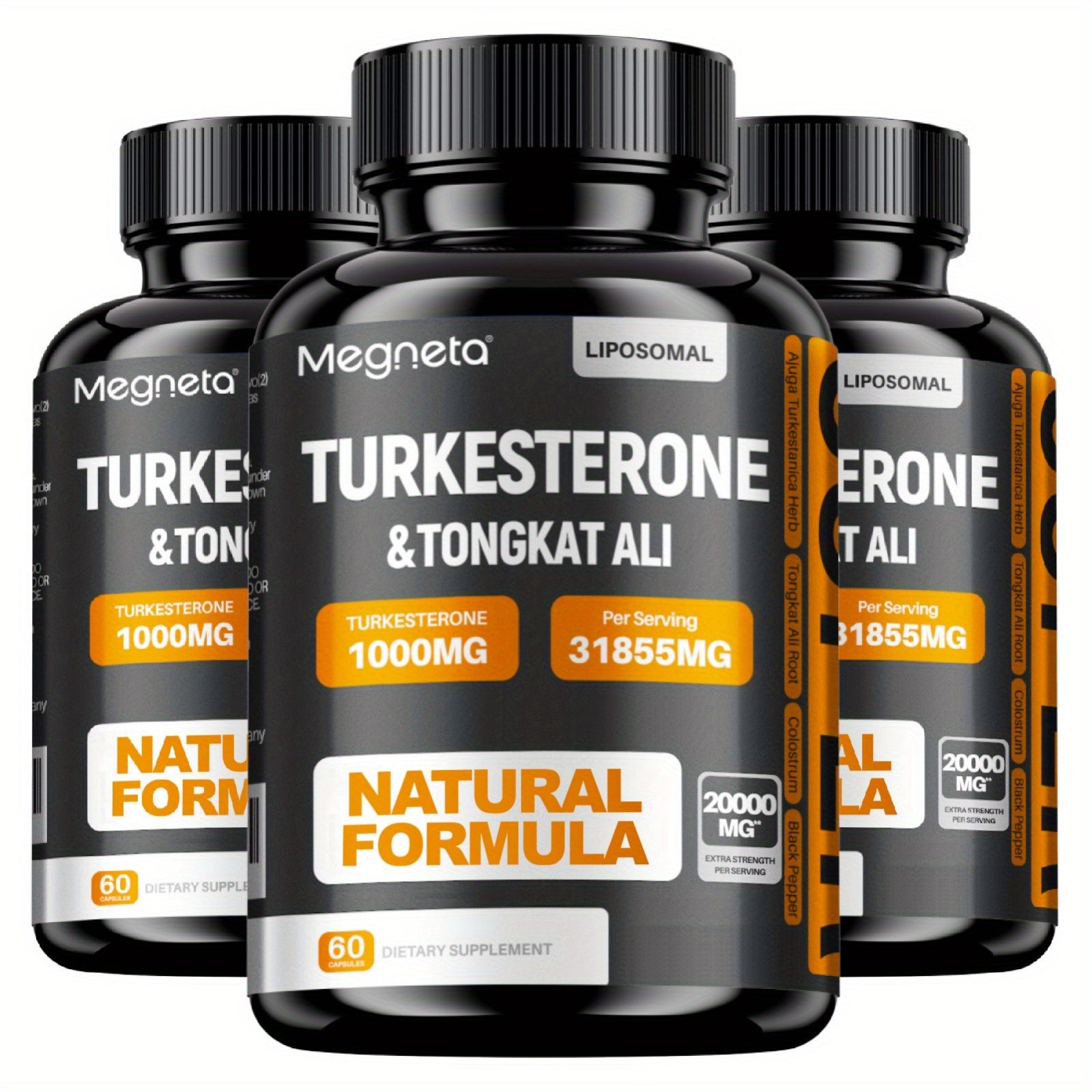 Three bottles of Megneta Turkesterone & Tongkat Ali supplement on a white background