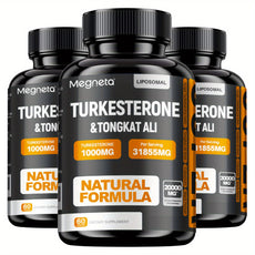 Three bottles of Megneta Turkesterone & Tongkat Ali supplement on a white background