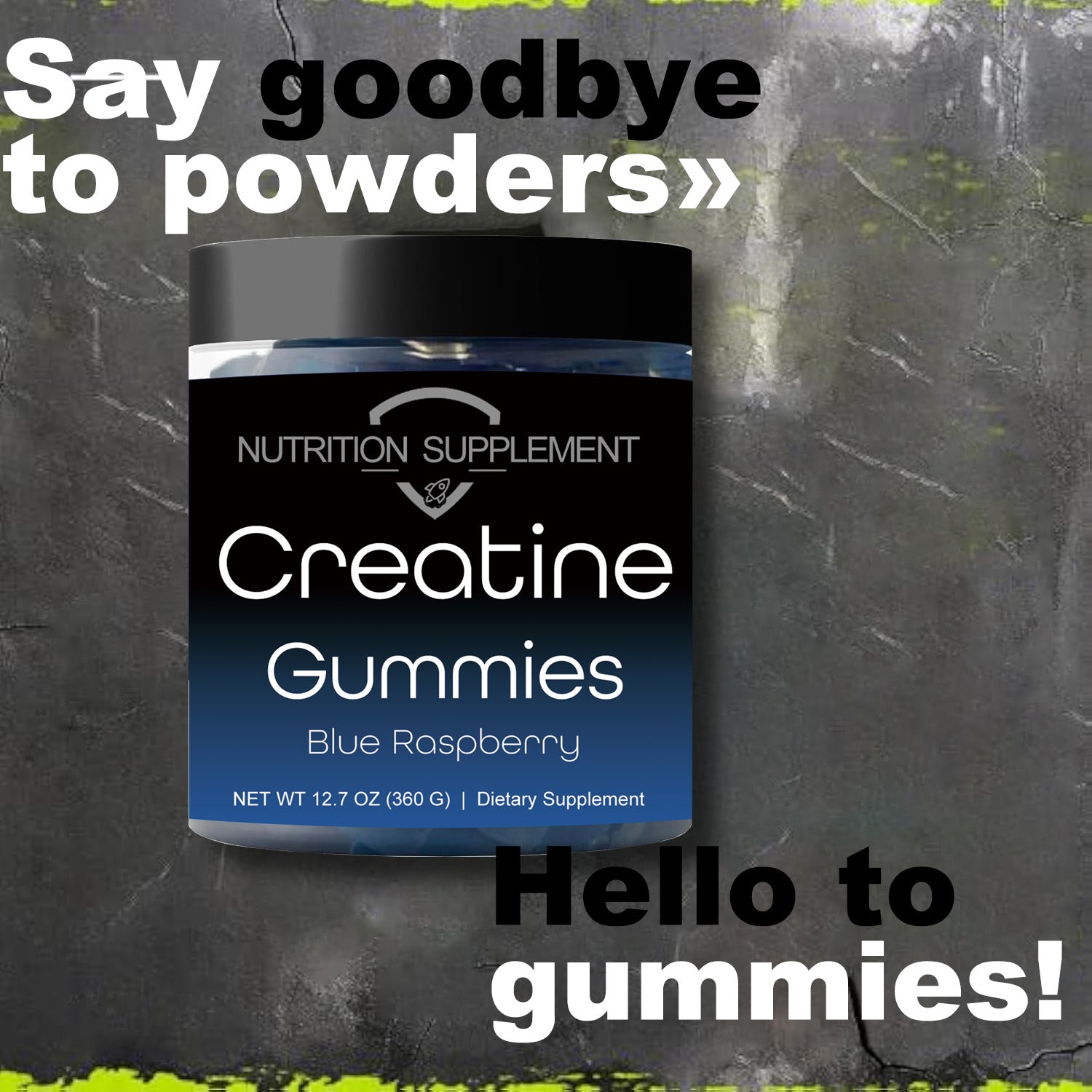 Jar of Nutrition Supplement Creatine Gummies on a textured dark background with text.