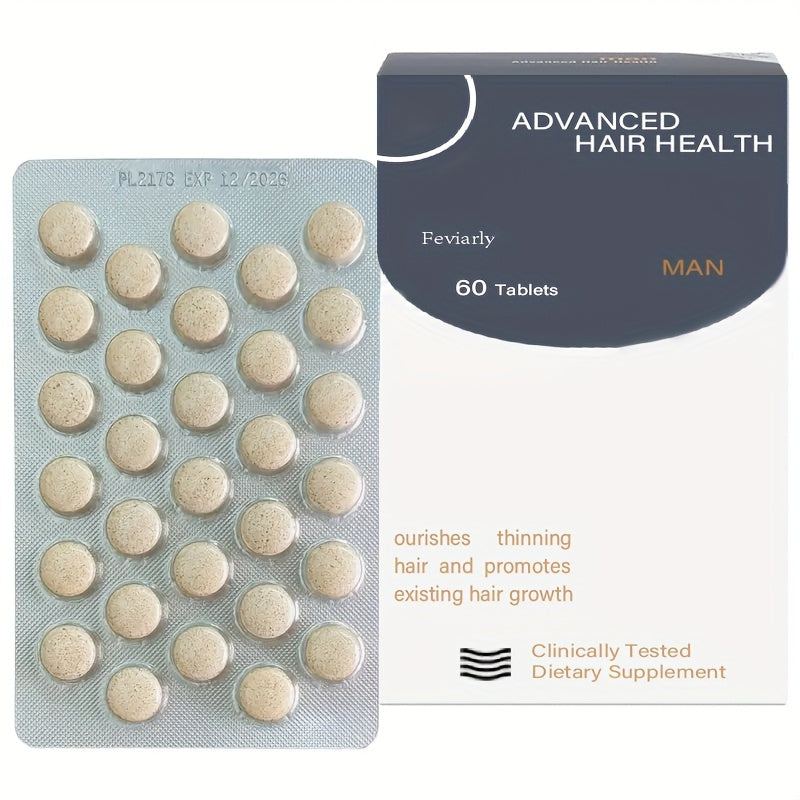 Packaging of 'Advanced Hair Health' dietary supplements for men with tablets and box on a white background.