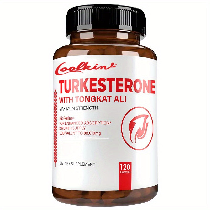 Supplement bottle labeled 'Turkesterone with Tongkat Ali' by Coolkin on a white background
