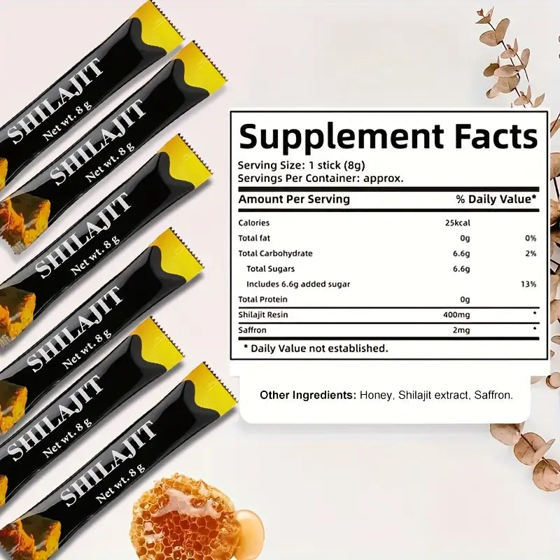 Shilajit sticks with supplement facts label on a light background
