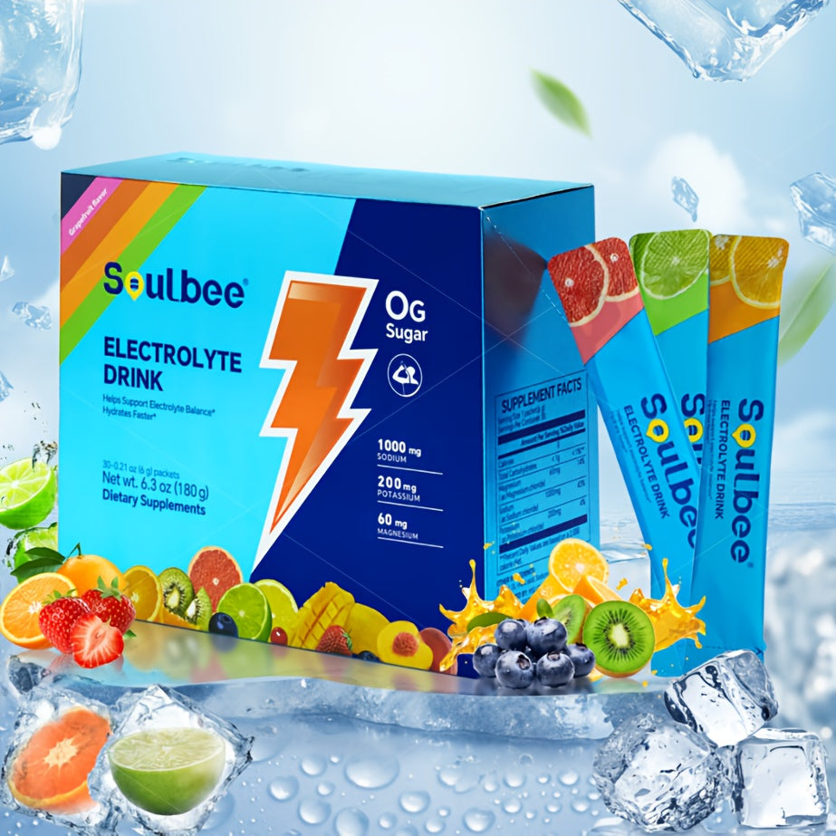 Soulbee electrolyte drink packaging with fruit and ice elements on a light blue background