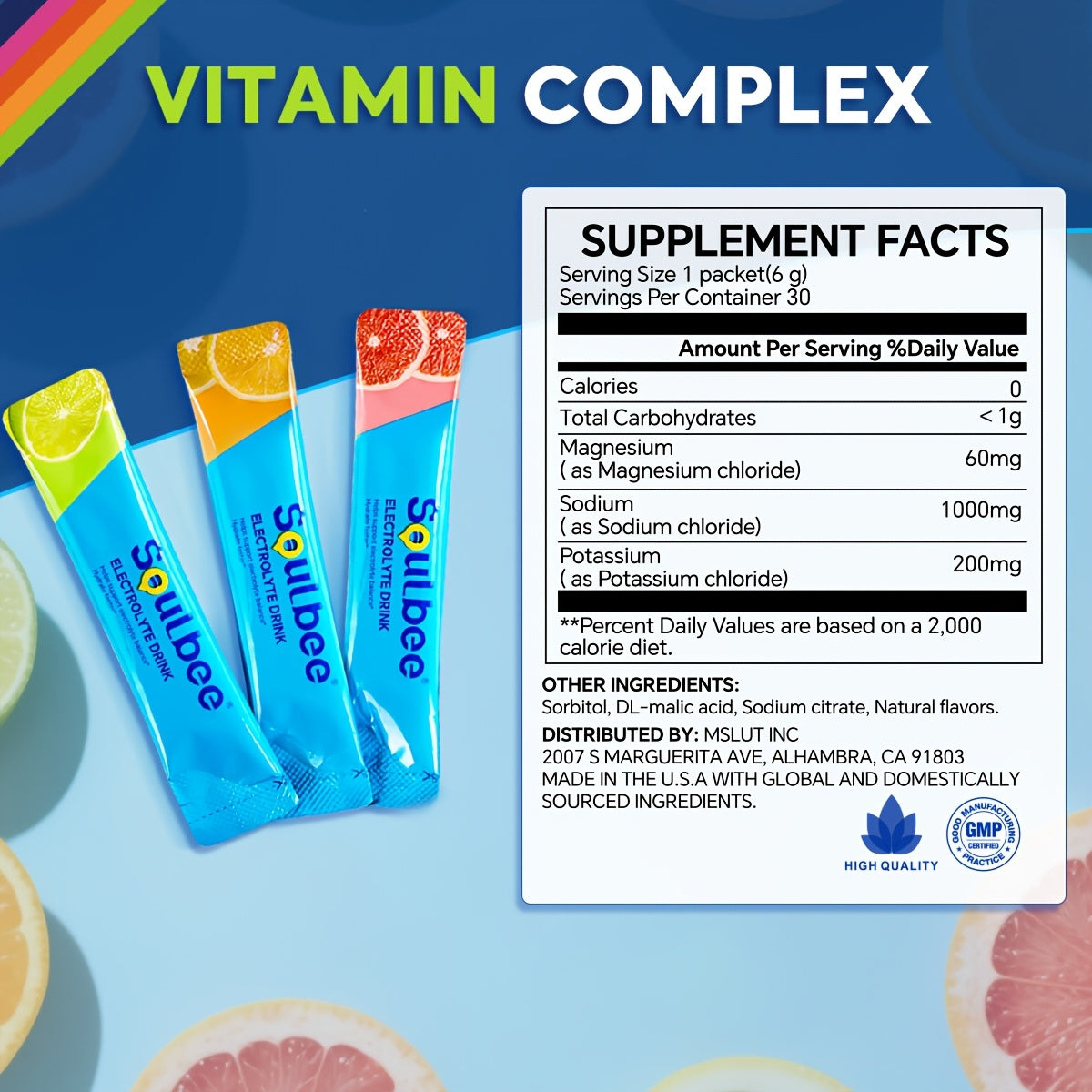 Soulbee vitamin complex packets with supplement facts label on a colorful background