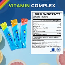 Soulbee vitamin complex packets with supplement facts label on a colorful background