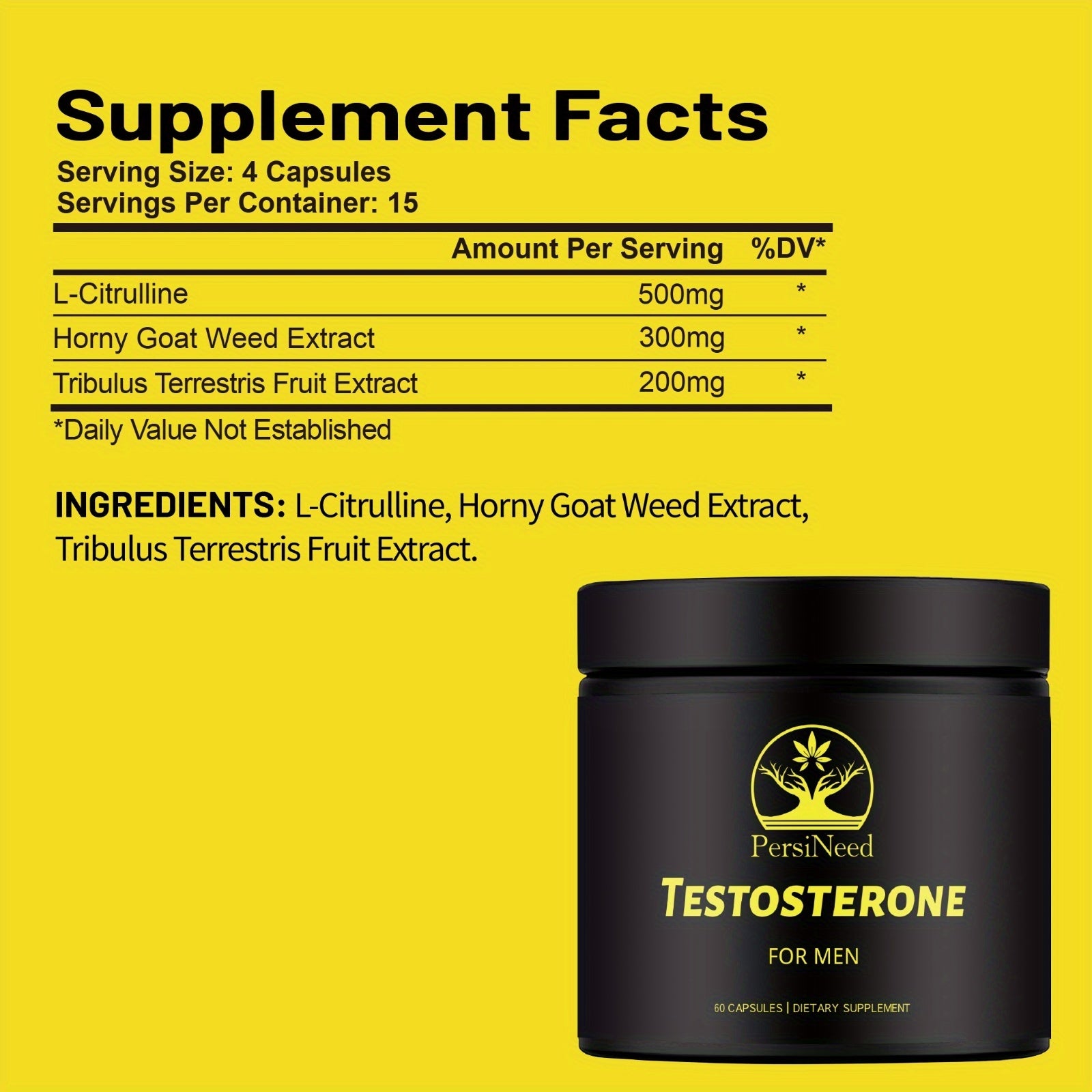 Supplement facts label for a testosterone supplement with a yellow background and black container.