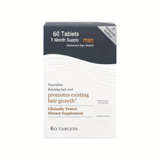 Box of hair health supplement for men with text on a white background