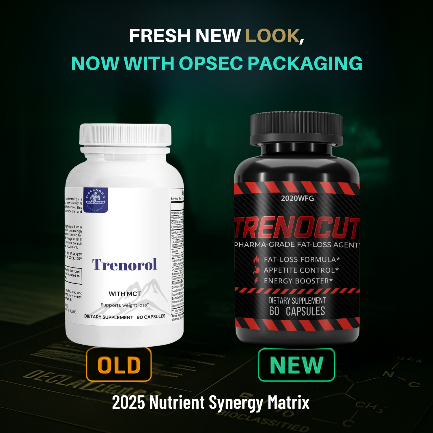 TRENOCUT AM formula upgrade - comparison showing enhanced 2024 fat-burning complex vs original version.