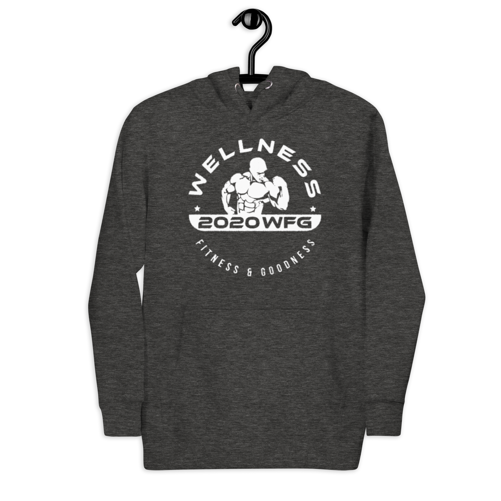 2020WFG unisex hoodie in dark gray featuring a wellness graphic, ideal for basketball, fitness, and casual wear.