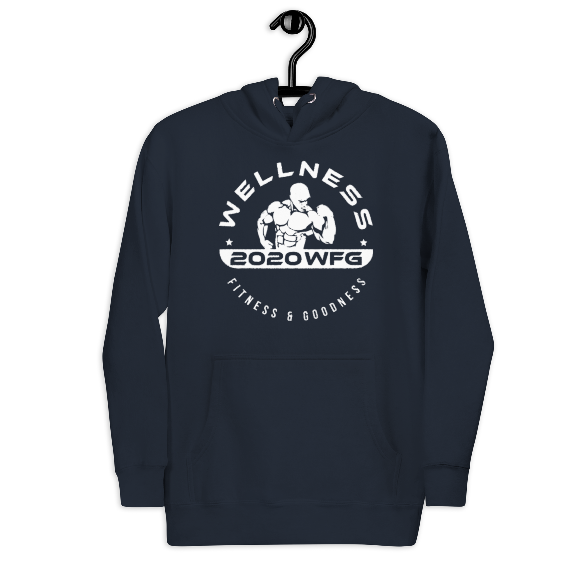 2020WFG unisex hoodie in navy with wellness design, perfect for fitness enthusiasts and classic streetwear.