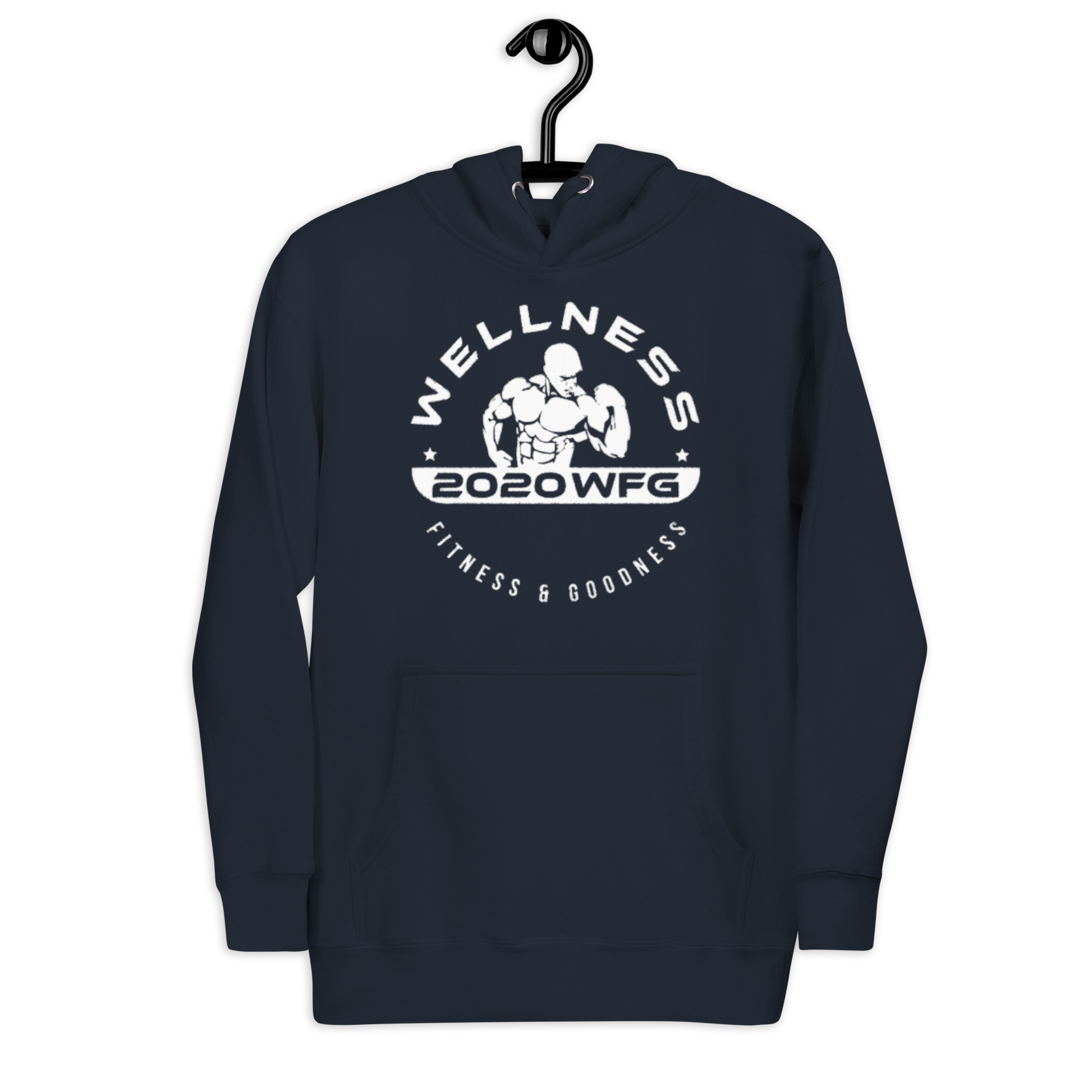 2020WFG unisex hoodie in navy with wellness design, perfect for fitness enthusiasts and classic streetwear.