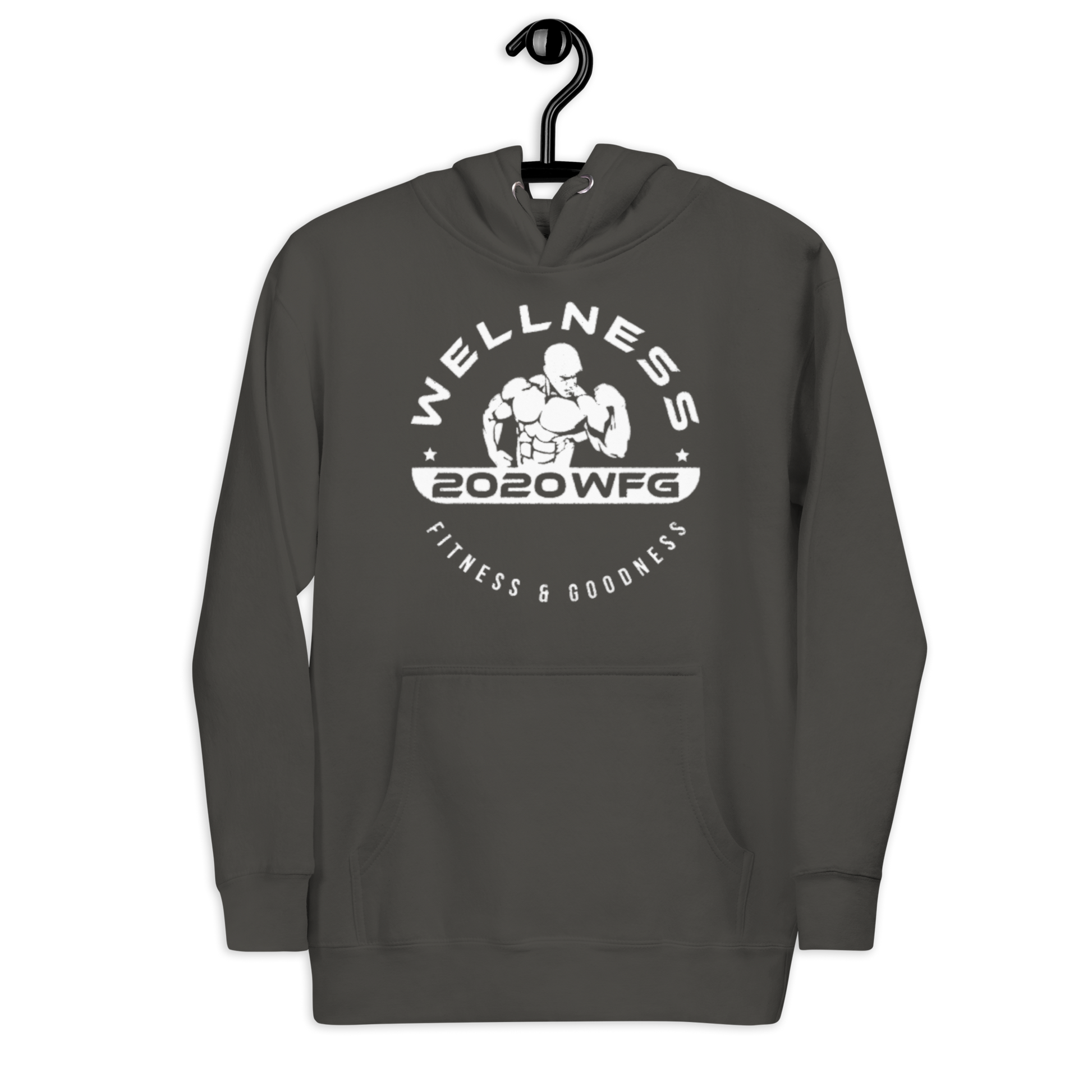 2020WFG unisex hoodie in dark gray featuring wellness graphic, front pouch pocket, perfect for basketball and fitness enthusiasts.