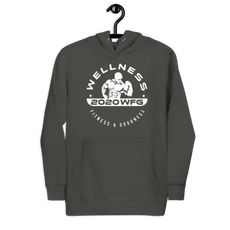 2020WFG unisex hoodie in dark gray featuring wellness graphic, front pouch pocket, perfect for basketball and fitness enthusiasts.